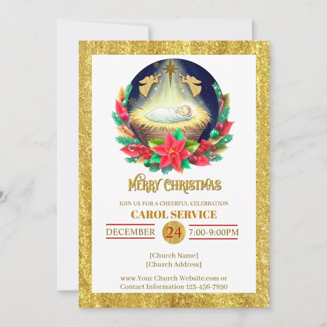 Tarjeta Festiva Nativity Carol Service Christmas Invitation (Anverso)