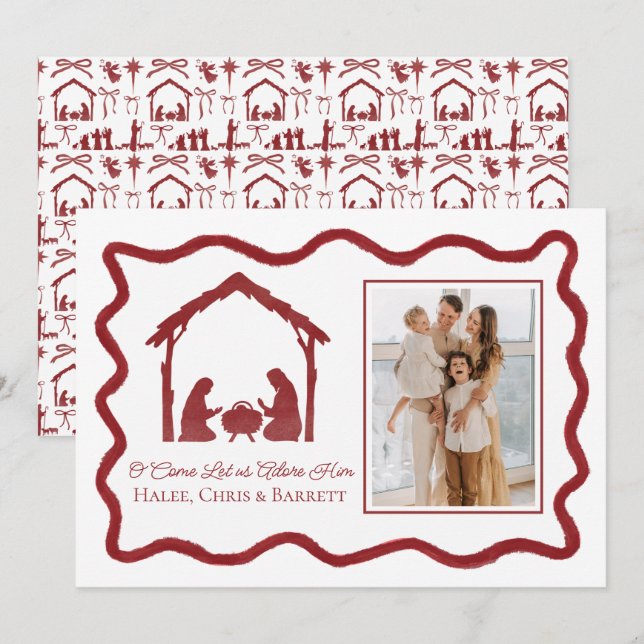 Tarjeta Festiva Nativity Christmas Greeting, Holiday Family Photo (Anverso / Reverso)