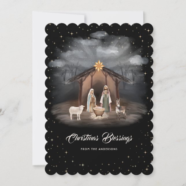 Tarjeta Festiva Nativity Scene Black Christmas Blessings Christian (Anverso)