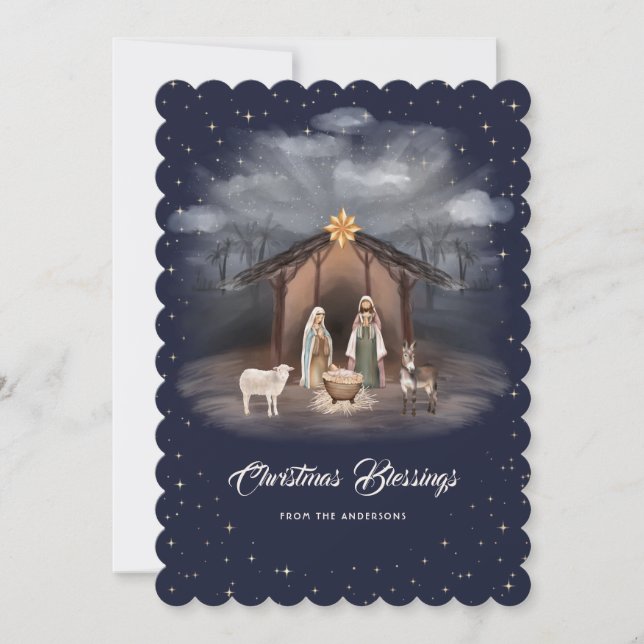 Tarjeta Festiva Nativity Scene Blue Christmas Blessings Christian (Anverso)