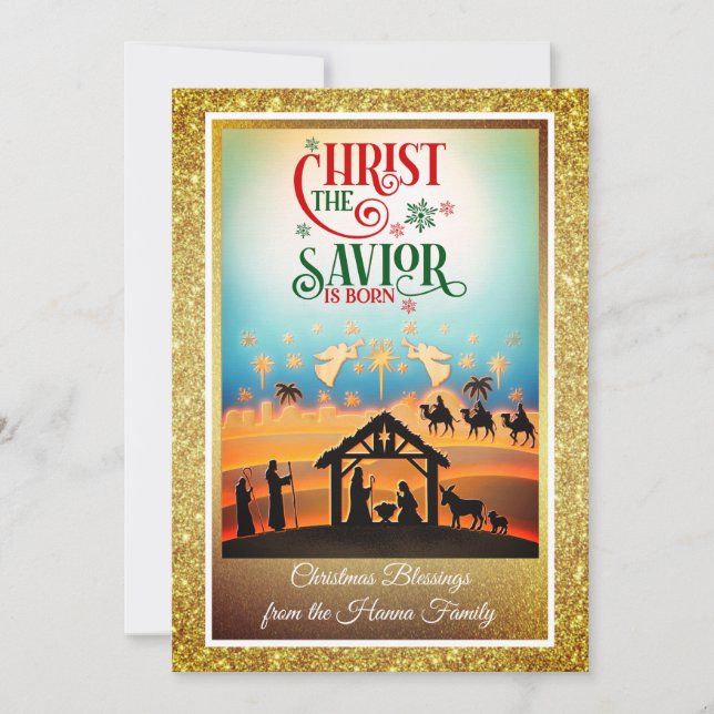 Tarjeta Festiva Nativity Scene "Merry Christmas & Happy New Year" (Anverso)