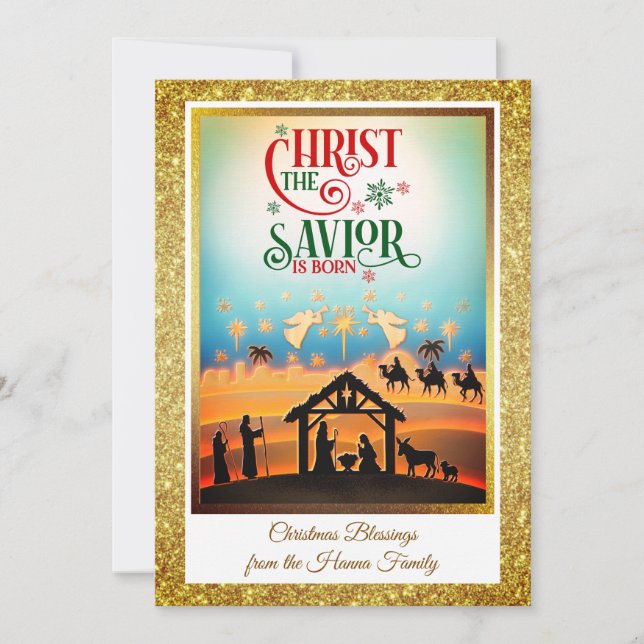 Tarjeta Festiva Nativity Scene "Merry Christmas & Happy New Year" (Anverso)