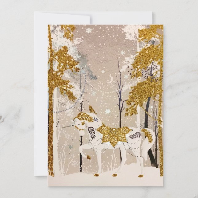 Tarjeta Festiva Naturaleza unicorniana del bosque de nieve mágico  (Anverso)