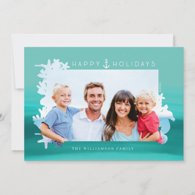 Tarjeta Festiva Nautical Aqua Happy Holidays Ocean Photo Frame (Anverso)
