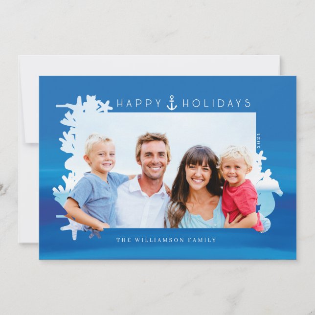 Tarjeta Festiva Nautical Blue Happy Holidays Ocean Photo Frame (Anverso)