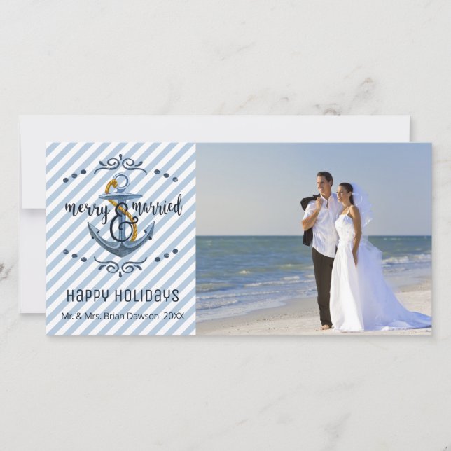 Tarjeta Festiva Nautical Merry & Married, Blue Stripes, Una Foto (Anverso)