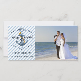 Tarjeta Festiva Nautical Merry & Married, Blue Stripes, Una Foto