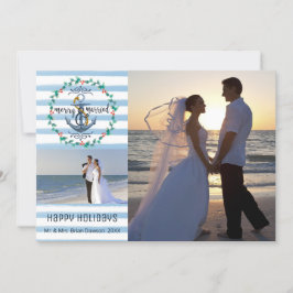 Tarjeta Festiva Nautical Merry & Married, franjas azules, dos foto