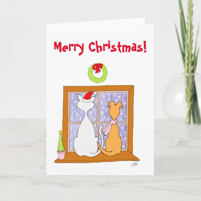 Tarjeta Festiva Navidad: Amigos (gato y perro) (Anverso)
