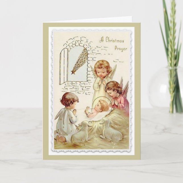 Tarjeta Festiva Navidad, ángeles, bebé Jesús, cordero, pesebre (Anverso)