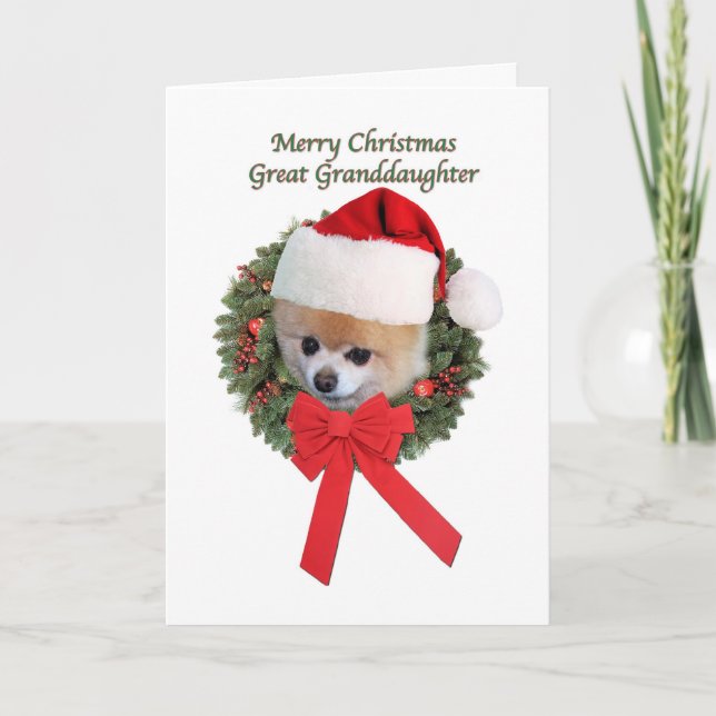Tarjeta Festiva Navidad, bisnieta, Pomeranian (Anverso)