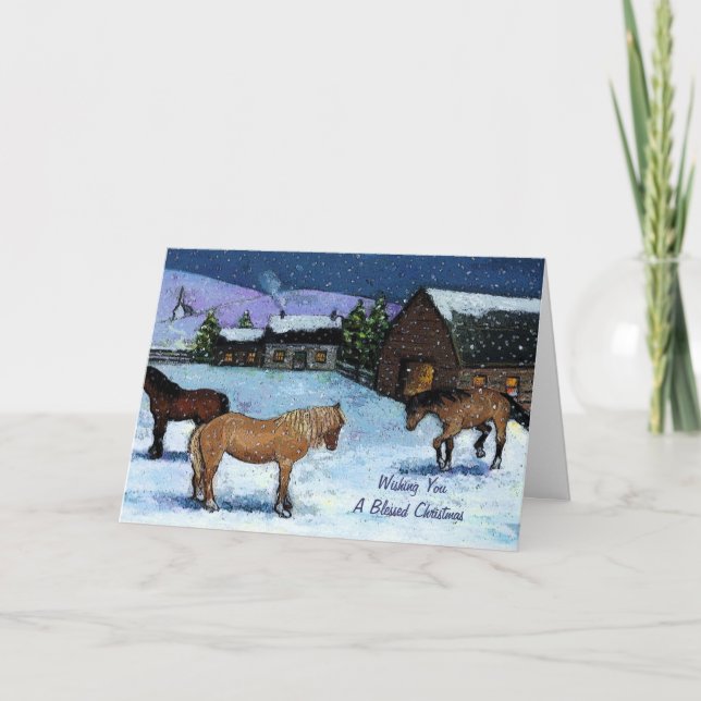 Tarjeta Festiva Navidad: Caballos, nieve, pintando: Granja, granja (Anverso)