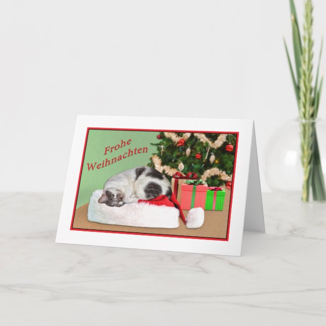 Tarjeta Festiva Navidad, Frohe Weihnachten, alemán, gato el dormir (Anverso)