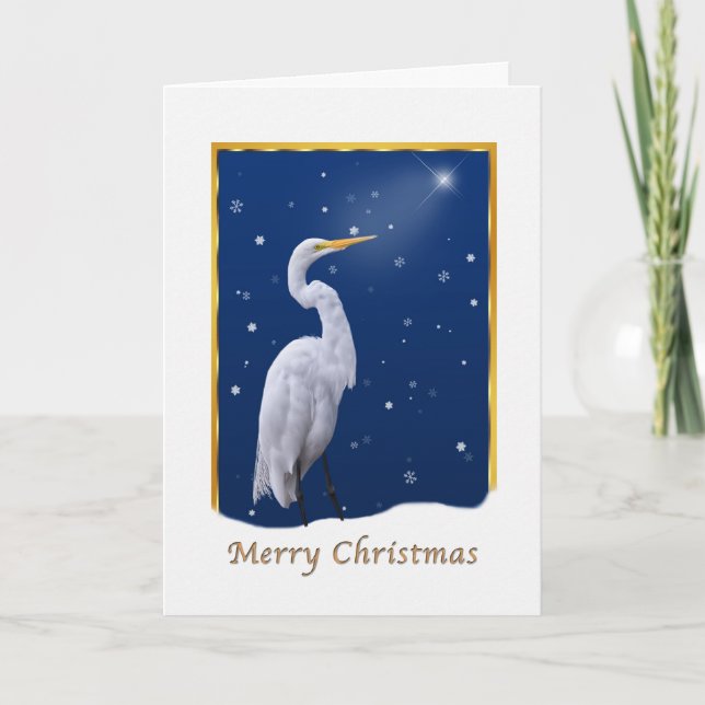 Tarjeta Festiva Navidad, gran pájaro del Egret, estrella, (Anverso)