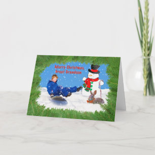 Tarjeta Festiva Navidad, grande - nieto, muchacho en el trineo,