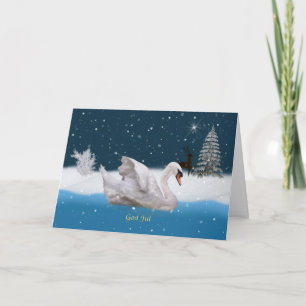 Tarjeta Festiva Navidad, lengua sueca, noche Nevado con el cisne