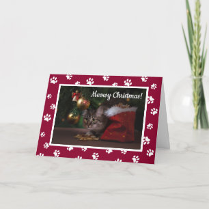 Tarjeta Festiva ¡Navidad Meowy! Foto de gato con huellas de patas
