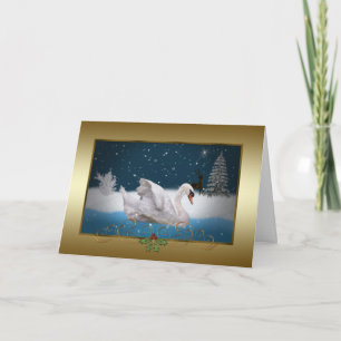 Tarjeta Festiva Navidad, noche Nevado con un cisne en un lago