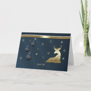 Tarjeta Festiva Navidad, noruego, ciervo de oro, copos de nieve