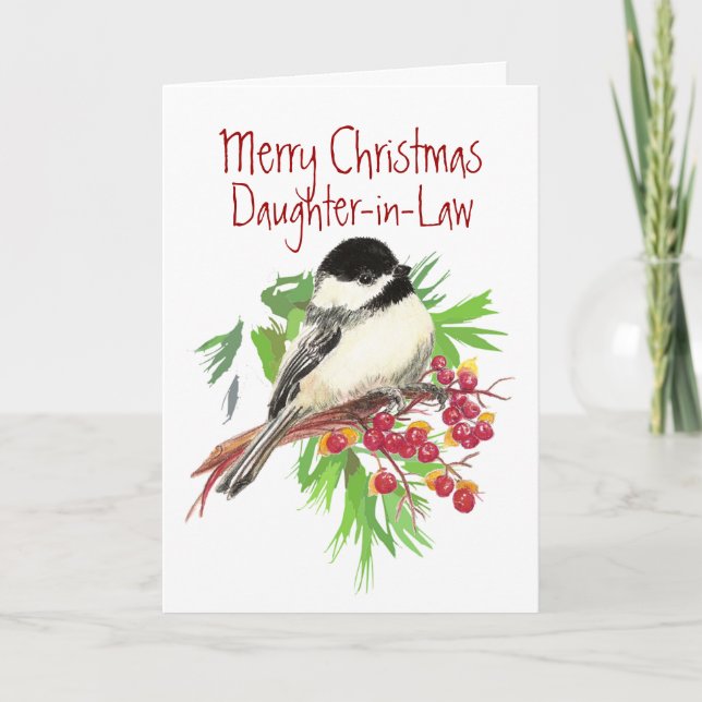 Tarjeta Festiva Navidad, nuera, pájaro del Chickadee, jardín (Anverso)