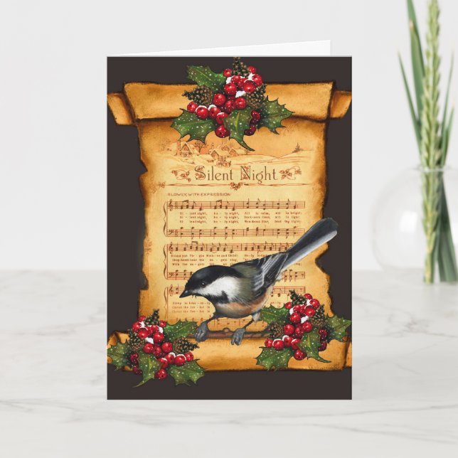 Tarjeta Festiva Navidad: Partitura silenciosa de la noche, voluta, (Anverso)
