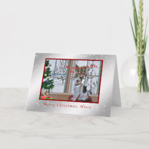 Tarjeta Festiva Navidad, sobrina, gato del canto, nieve