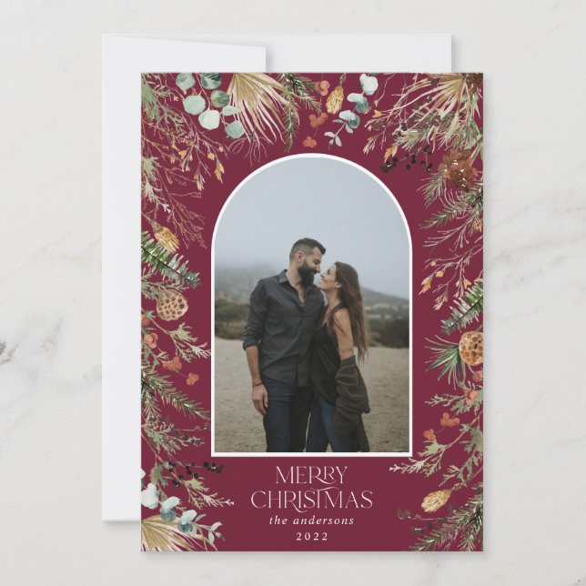 Tarjeta Festiva Navidades 1 arco fotográfico acuarela floral botán (Anverso)