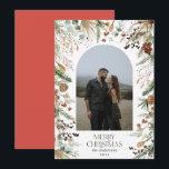 Tarjeta Festiva Navidades 1 arco fotográfico acuarela floral botán<br><div class="desc">Feliz Navidad moderna y elegante acuarela de colores suaves botánicos secos florales de color de vacaciones arco 1 tarjeta de Navidades de fotos. Retroceso rojo</div>