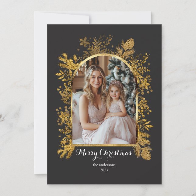 Tarjeta Festiva Navidades 1 arco fotográfico acuarela floral botán (Anverso)