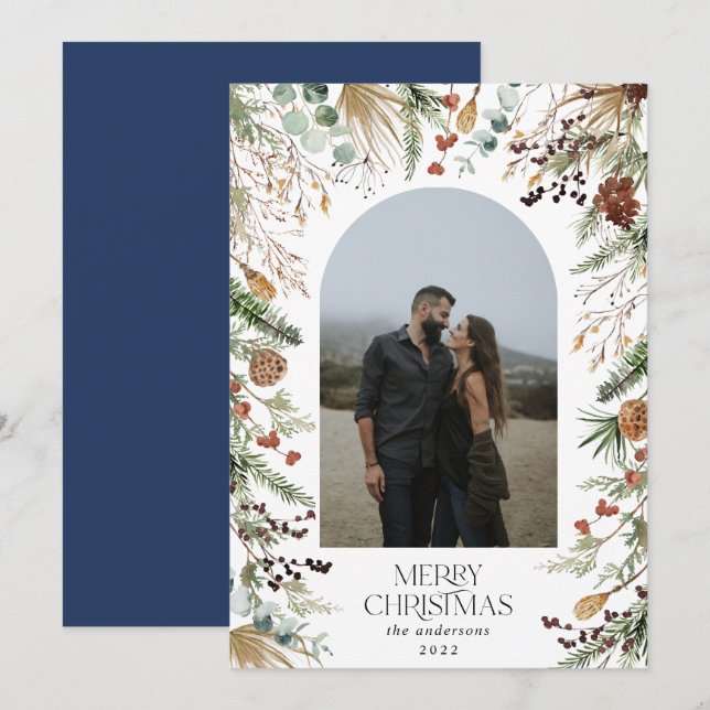 Tarjeta Festiva Navidades 1 arco fotográfico acuarela floral botán (Anverso / Reverso)