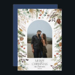 Tarjeta Festiva Navidades 1 arco fotográfico acuarela floral botán<br><div class="desc">Mery Navidades moderna y elegante acuarela agua desecada floral botánica de colores suaves marea vacaciones arco 1 foto tarjeta de Navidades. Patrona azul marino.</div>