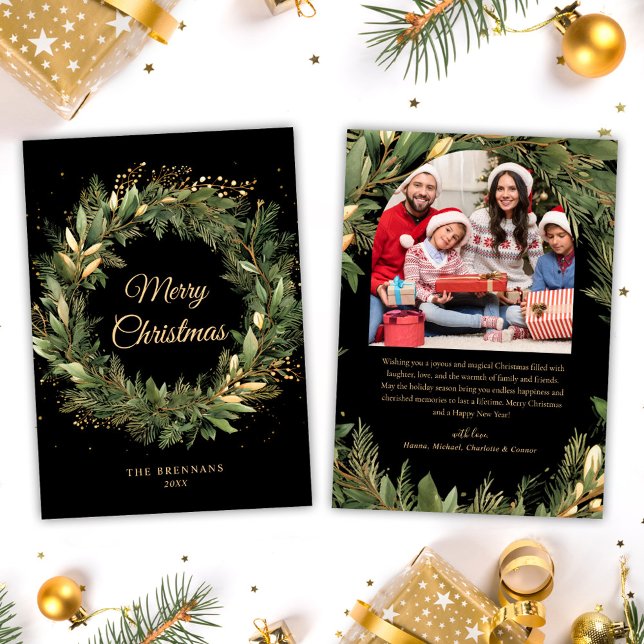 Tarjeta Festiva Navidades 1 Foto Acuarela Botánica Elegante (Christmas 1 Photo Watercolor Botanical Elegant Holiday Card)