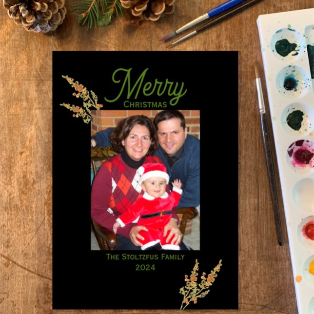 Tarjeta Festiva Navidades 1 Foto acuarela Botánica moderna (Modern elegant original watercolor dried flower holiday merry Christmas family photo greeting card.)