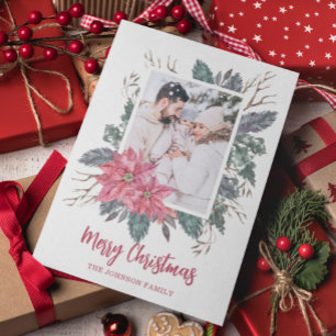 Tarjeta Festiva Navidades 1 foto acuarela poinsettia botánica
