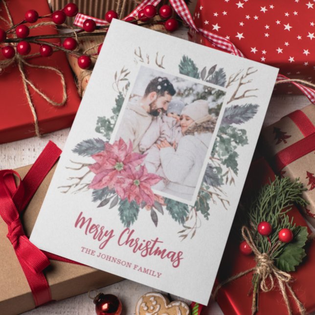 Tarjeta Festiva Navidades 1 foto acuarela poinsettia botánica (Subido por el creador)