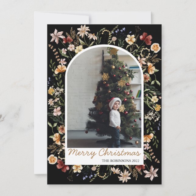 Tarjeta Festiva Navidades 1 Foto Arco Acuarela Botánica Floral (Anverso)