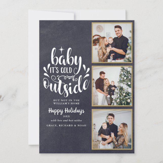 Tarjeta Festiva Navidades 3 Collage de fotos Boho Chalkboard (Anverso)