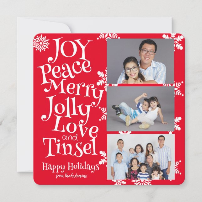 Tarjeta Festiva Navidades 3 Photo Fun Simple Red and White Cute (Anverso)