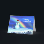 Tarjeta Festiva Navidades 3D Snowman<br><div class="desc">Navidades con mi imagen original de vacaciones de un lindo muñeco de nieve parado frente a un arcoiris usando un gorra rojo y sosteniendo un bastón de caramelo.</div>