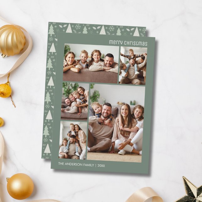 Tarjeta Festiva Navidades 5 Collage de fotos Familia Sage Green (Christmas 5 Photo Collage Family Sage Green Holiday Card)