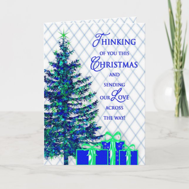 Tarjeta Festiva Navidades, a través de las millas, azul/árbol, reg (Anverso)