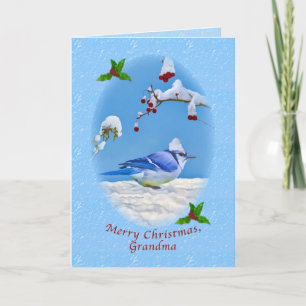 Tarjeta Festiva Navidades, abuela, pájaro azul y nieve