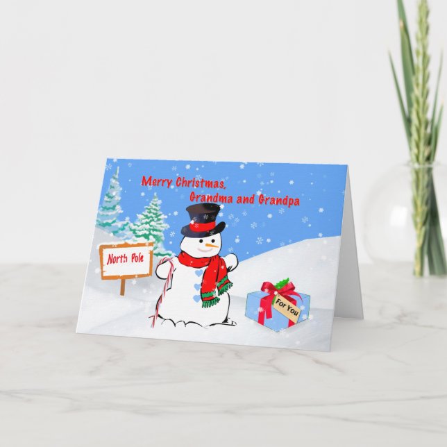 Tarjeta Festiva Navidades, abuela y abuelo, hombre de nieve, regal (Anverso)