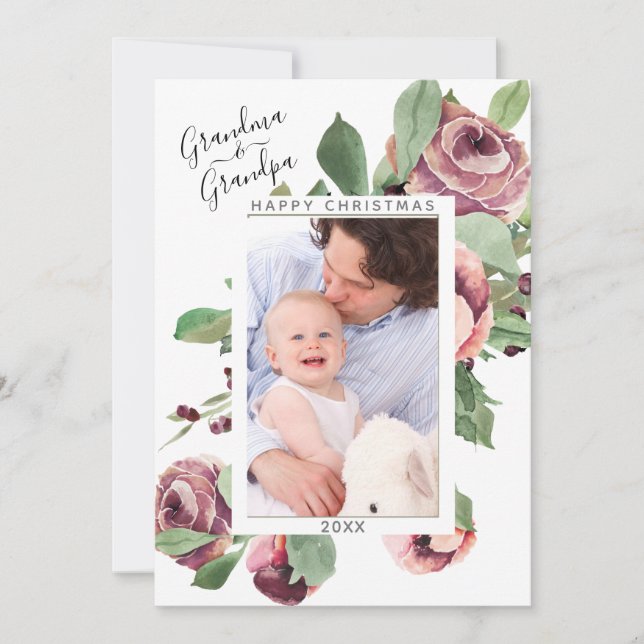 Tarjeta Festiva Navidades Abuelos Foto Floral Wreath (Anverso)