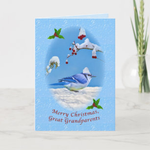 Tarjeta Festiva Navidades, abuelos grandes, pájaro azul y nieve