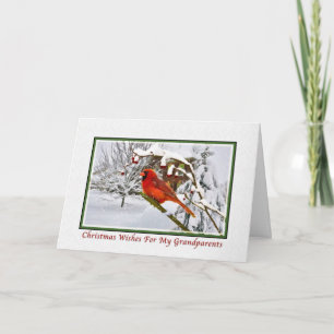 Tarjeta Festiva Navidades, abuelos, pájaro cardinal, nieve, tarjet