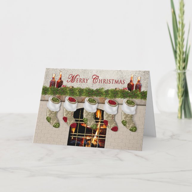 Tarjeta Festiva Navidades - Accionamientos colgando de la chimenea (Anverso)