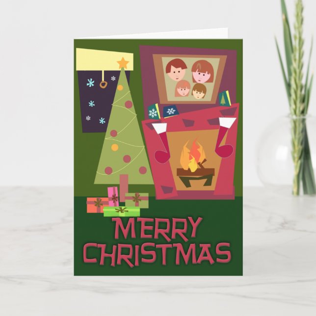 Tarjeta Festiva Navidades acogedores escena arte retro lindo (Anverso)