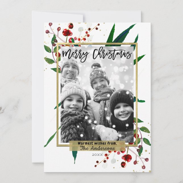 Tarjeta Festiva Navidades acuarela acuarela moderna foto floral (Anverso)