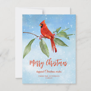 Tarjeta Festiva Navidades acuarela azul verde verde rojo cardenal 